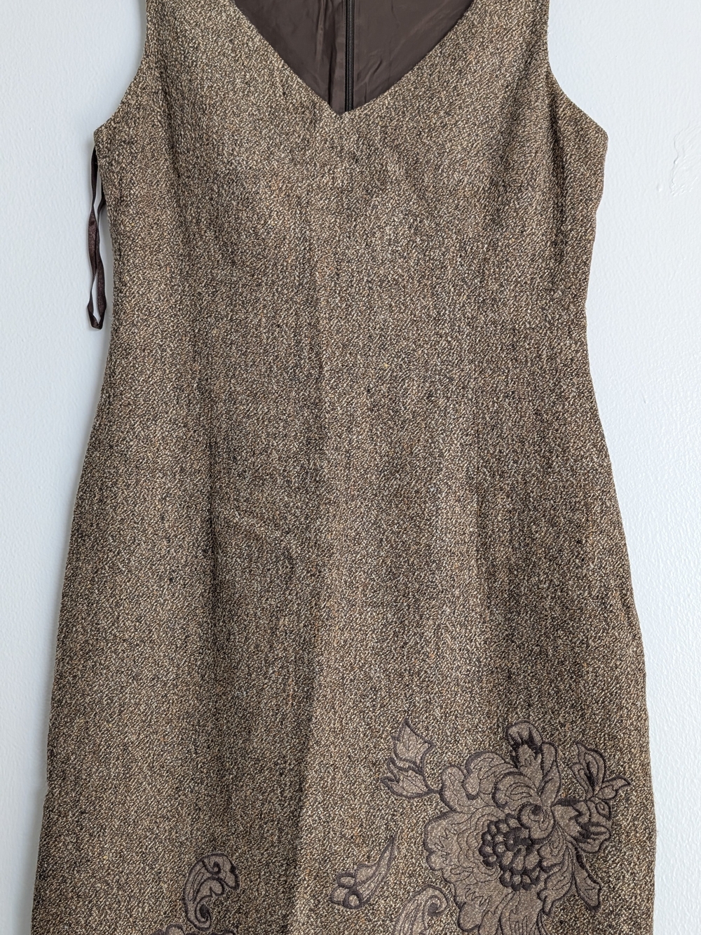 Express Brown Tweed V-Neck Sheath Dress with Floral Embroidery